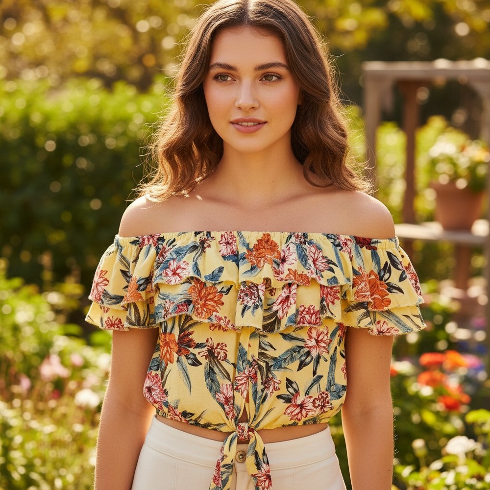 Miss Selfie XL Crop Top Yellow Floral Ruffle‎ Cottage Boho Tropical Coastal Chic